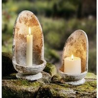 Dekoleidenschaft - 2x Kerzenhalter Stone in Steinoptik, aus Steingut, Windlicht wetterfest, Kerzenständer, Gartendeko für Draußen von DEKOLEIDENSCHAFT