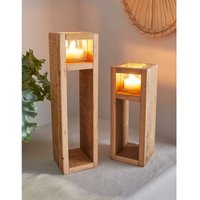 Dekoleidenschaft - 2x Windlichtsäule Wood aus Holz & Glas, 30 + 40 cm hoch, Kerzenhalter, Kerzenständer, Dekosäule für Wohnzimmer, Holzsäule mit von DEKOLEIDENSCHAFT