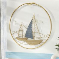 Dekoleidenschaft - 3D Wandbild Regatta aus Metall in gold, 2 Segelboote in rundem Rahmen, Wanddeko von DEKOLEIDENSCHAFT