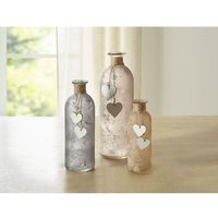 Dekoleidenschaft - 3er Set Vasen Flasche aus satiniertem Glas mit Holz-Herzen, Blumenvase von DEKOLEIDENSCHAFT