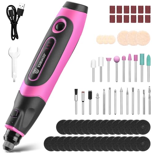 Multifunktionswerkzeug Akku Rotationswerkzeug Gravur Gerät Mini Schleifer: DEKOPRO 3.7V 70 Zubehör Set mit LED Licht 3 Gang Gravierstift - für Schneiden, Bohren, Polieren, Reinigen, Gravieren, Rosa von DEKOPRO