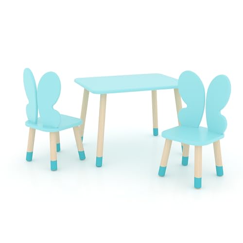 DEKORMANDA – Kindertisch mit Stühlen – Schmetterlingsstühle für Kleintierliebhaber – Blauer Kindertisch 65 x 50 cm mit 2 Stühlen – Tisch und Zwei Kinderstühle von DEKORMANDA
