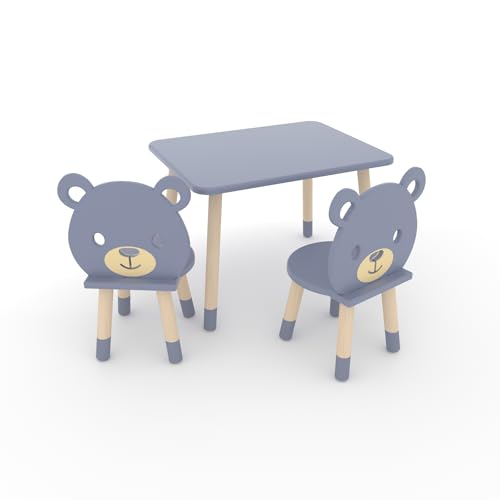 DEKORMANDA – Kindertisch mit Stühlen – Kinderstühle in Teddybärform – Kindertisch 65 x 50 cm mit 2 Stühlen – Tisch und Stuhl für Kinder von 1-6 Jahren (Grau) von DEKORMANDA