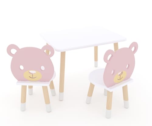 DEKORMANDA – Kindertisch mit Stühlen – Kinderstühle in Teddybärform – Kindertisch 65 x 50 cm mit 2 Stühlen – Tisch und Stuhl für Kinder von 1-6 Jahren (Weiß & Rosa) von DEKORMANDA