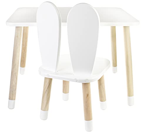 DEKORMANDA - Kindertisch mit Stuhl - Kinderzimmermöbel - Hasenförmiger Stuhl - Weißer Kindertisch mit 1 Arbeitsstuhl - Kindertisch und Kinderstuhl von DEKORMANDA