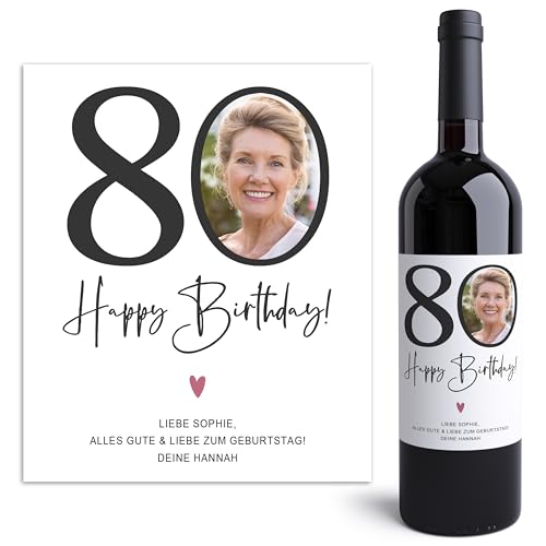 80. Geburtstag Weinetiketten personalisiert mit Foto Flaschenetiketten selbst gestalten Geburtstagsgeschenk Geschenk Weinflasche Etiketten selbstklebend 2 Stück | 10x12 cm von DEL MÀ Unique & Personal