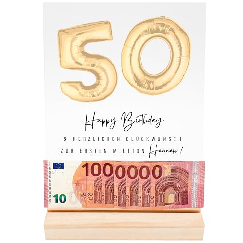 DEL MÀ Unique & Personal Deine erste Million Geschenk 50. Geburtstag personalisiert mit Namen Acrylglas Bild Geldgeschenk Verpackung Geburtstagsgeschenk 20x30 cm inkl. Holzfuß (50 - Gold) von DEL MÀ Unique & Personal