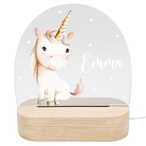 DEL MÀ Unique & Personal Einhorn Nachtlicht personalisiert für Kinder Babys Babyzimmer Kinderzimmer Deko Nachtlampe Mädchen Geschenk zur Geburt Kinderlampe Inkl. Holzfuß & Netzteil von DEL MÀ Unique & Personal