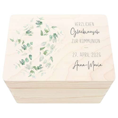 DEL MÀ Unique & Personal Erinnerungsbox Kommunion Erinnerungskiste Erstkommunion Geschenk Mädchen Junge personalisierte Holzkiste mit Deckel Holzbox 30x20x13 cm von DEL MÀ Unique & Personal