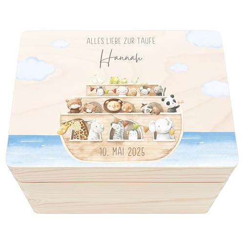 DEL MÀ Unique & Personal Erinnerungsbox Taufe Geschenk personalisiertes Taufgeschenk Mädchen Jungen Arche Noha Taufbox Erinnerungskiste Holzkiste mit Deckel Holzbox 30x20x13 cm von DEL MÀ Unique & Personal
