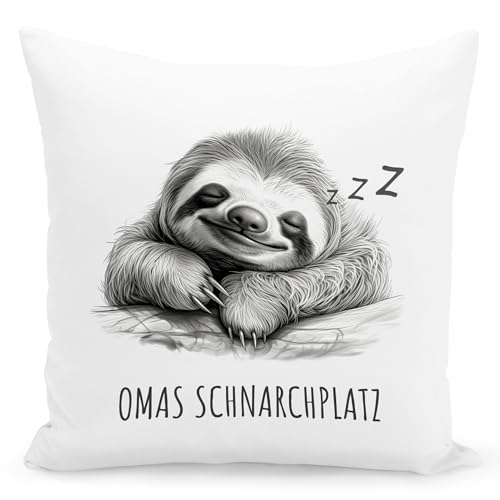 DEL MÀ Unique & Personal Faultier Kissen Omas Schnarchplatz Schnarchecke Großmutter Geburtstagsgeschenk Muttertagsgeschenk Deko Wohnzimmer Geschenk 40x40 cm inkl. Füllung von DEL MÀ Unique & Personal