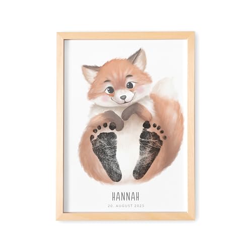 DEL MÀ Unique & Personal Fußabdruck Baby Tierbild personalisiertes Fuchs Bild für Babyzimmer Deko Kinderzimmer Neugeborenen Geschenk zur Geburt (OHNE FARBE | DIN A3) von DEL MÀ Unique & Personal