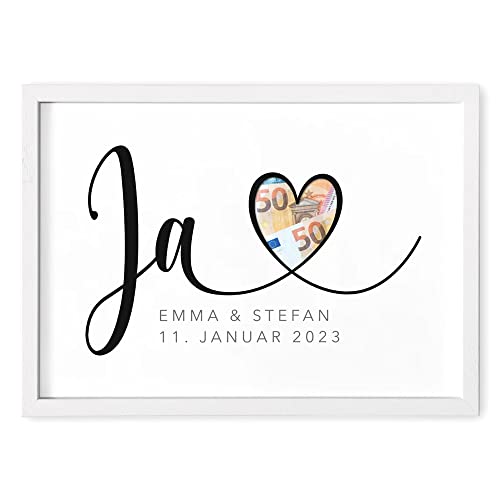 DEL MÀ Unique & Personal Hochzeitsgeschenk Geld Personalisiert Zur Hochzeit Brautpaar Bild JA (Premium-Holzrahmen Weiß, Din A2 (42x59,4 cm)) von DEL MÀ Unique & Personal