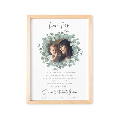 DEL MÀ Unique & Personal Patenbrief für Patenkind Taufbrief personalisiertes Taufgeschenk Junge Mädchen Geschenk zur Taufe (DIN A4 | mit oder ohne Rahmen) (Eukalyptuskranz) von DEL MÀ Unique & Personal