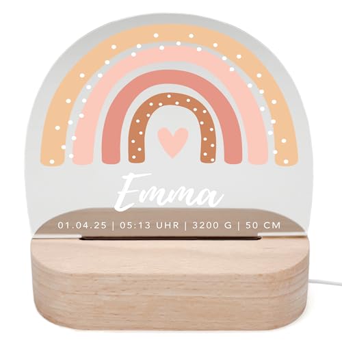 DEL MÀ Unique & Personal Regenbogen Nachtlicht Baby personalisiert Babyzimmer Kinder Deko Kinderzimmer Nachtlampe Mädchen Jungen Kinderlampe Inkl. Holzfuß & Netzteil (Beige) von DEL MÀ Unique & Personal