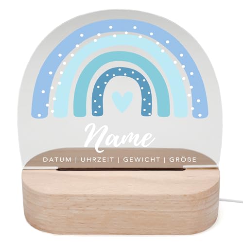 DEL MÀ Unique & Personal Regenbogen Nachtlicht Baby personalisiert Babyzimmer Kinder Deko Kinderzimmer Nachtlampe Mädchen Jungen Kinderlampe Inkl. Holzfuß & Netzteil (Blau) von DEL MÀ Unique & Personal