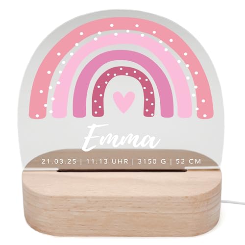 DEL MÀ Unique & Personal Regenbogen Nachtlicht Baby personalisiert Babyzimmer Kinder Deko Kinderzimmer Nachtlampe Mädchen Jungen Kinderlampe Inkl. Holzfuß & Netzteil (Rosa) von DEL MÀ Unique & Personal