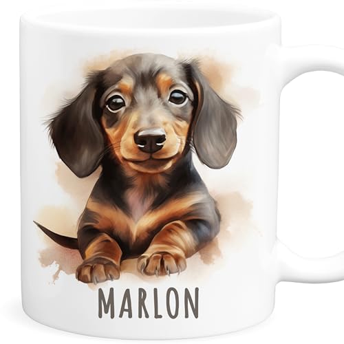 Dackel Tasse Hund personalisierte Kindertasse mit Namen Alpakatasse Namenstasse süßes Kinder Geschenk für Jungen & Mädchen Kaffeetasse Teetasse aus Keramik 330 ml (Dackel) von DEL MÀ Unique & Personal