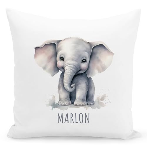 Elefant Kissen personalisiert mit Namen Kinderkissen Kuschelkissen Kinder Geschenk Kinderzimmer Deko Junge Mädchen Zierkissen Dekokissen 40x40 cm inkl. Füllung und Bezug von DEL MÀ Unique & Personal