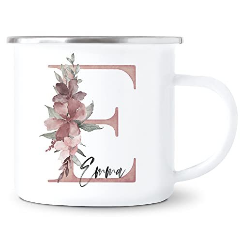 Emaille Tasse mit Namen Personalisiert und Blumen Rosa Campingbecher mit Buchstaben Namensgeschenk von DEL MÀ Unique & Personal