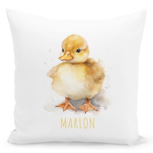 Enten Kissen personalisiert mit Namen Kinderkissen Kuschelkissen Kinder Geschenk Kinderzimmer Deko Junge Mädchen Zierkissen Dekokissen 40x40 cm inkl. Füllung und Bezug von DEL MÀ Unique & Personal