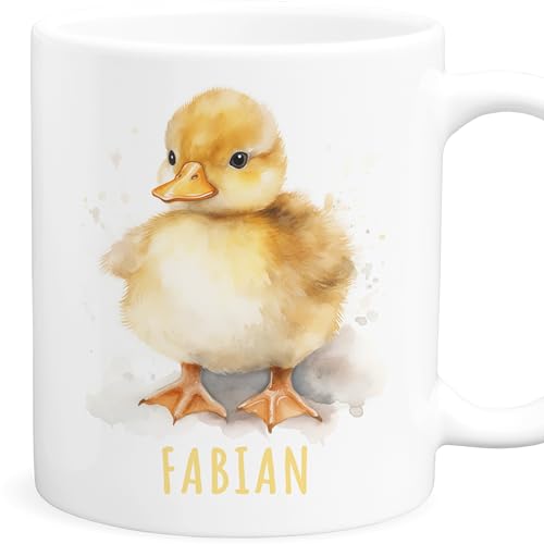 Enten Tasse personalisierte Kindertasse mit Namen Ententasse Namenstasse süßes Kinder Geschenk für Jungen & Mädchen Kaffeetasse Teetasse aus Keramik 330 ml von DEL MÀ Unique & Personal