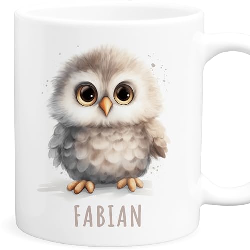 Eule Tasse personalisierte Kindertasse mit Namen Euletasse Namenstasse süßes Kinder Geschenk für Jungen & Mädchen Kaffeetasse Teetasse aus Keramik 330 ml von DEL MÀ Unique & Personal