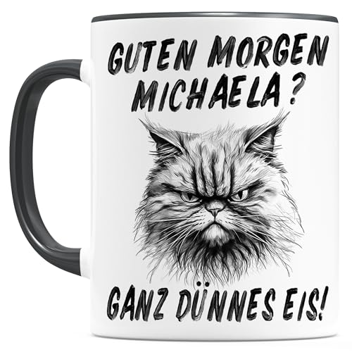 Guten Morgen ganz dünnes Eis Tasse für Morgenmuffel personalisiert mit Namen lustige Katzentasse Katze Kaffeetasse aus Keramik Schwarz 330 ml von DEL MÀ Unique & Personal