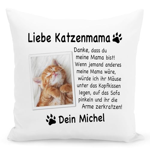 Katzenmama Kissen mit Katzenmotiv personalisiert Katzen Mama Katzengeschenk Kuschelkissen Katzenliebhaber Geschenk Sofakissen Zierkissen Dekokissen 40x40 cm inkl. Füllung und Bezug (Katzenmama) von DEL MÀ Unique & Personal