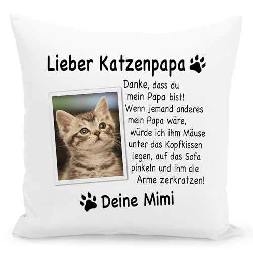 Katzenpapa Kissen mit Katzenmotiv personalisiert Katzen Papa Katzengeschenk Kuschelkissen Katzenliebhaber Geschenk Sofakissen Zierkissen Dekokissen 40x40 cm inkl. Füllung und Bezug (Katzenpapa) von DEL MÀ Unique & Personal