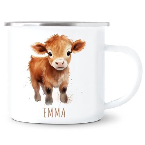 Kuh Emaille Tasse Kinder Trinkbecher personalisierte Kindertasse mit Namen süßer Kinderbecher für Mädchen & Jungen Geschenk Emaille Becher 300 ml von DEL MÀ Unique & Personal