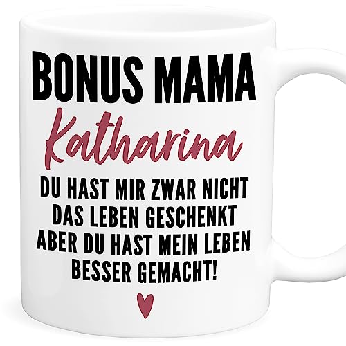 Muttertagsgeschenk Stiefmama Bonus Mama Tasse personalisiert Bonusmama Geschenk für Stiefmutter Kaffeetasse mit Spruch & Namen Kaffeetasse aus Keramik 330 ml von DEL MÀ Unique & Personal