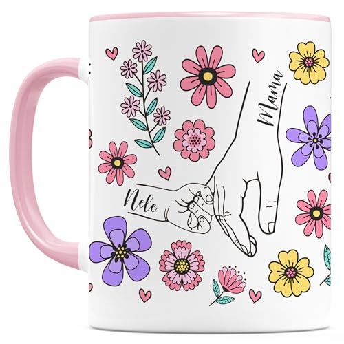 Muttertagsgeschenk Tasse Mama personalisiert mit Namen Sohn Tochter Mutter Geschenk zum Muttertag Kaffeebecher Blumen Kaffeetasse aus Keramik 330 ml (1 Kind) von DEL MÀ Unique & Personal