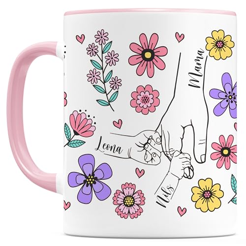 Muttertagsgeschenk Tasse Mama personalisiert mit Namen Sohn Tochter Mutter Geschenk zum Muttertag Kaffeebecher Blumen Kaffeetasse aus Keramik 330 ml (2 Kinder) von DEL MÀ Unique & Personal