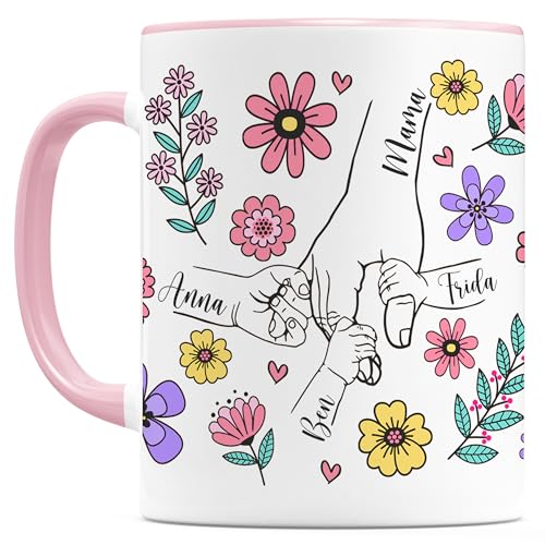Muttertagsgeschenk Tasse Mama personalisiert mit Namen Sohn Tochter Mutter Geschenk zum Muttertag Kaffeebecher Blumen Kaffeetasse aus Keramik 330 ml (3 Kinder) von DEL MÀ Unique & Personal