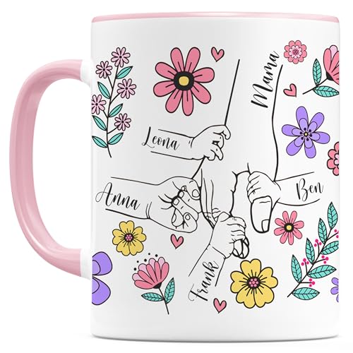Muttertagsgeschenk Tasse Mama personalisiert mit Namen Sohn Tochter Mutter Geschenk zum Muttertag Kaffeebecher Blumen Kaffeetasse aus Keramik 330 ml (4 Kinder) von DEL MÀ Unique & Personal