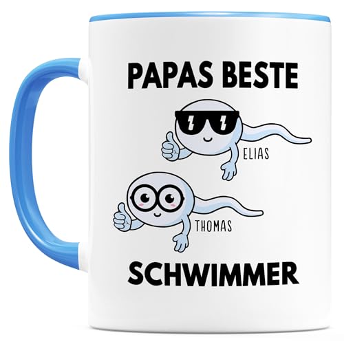 Papas beste Schwimmer Tasse personalisiert Kaffeetasse Vatertagsgeschenk Geschenk für Papa vom Kind Kaffeebecher Vater Geburtstagsgeschenk Vatertagstasse Keramiktasse 330ml (2 Kinder) von DEL MÀ Unique & Personal