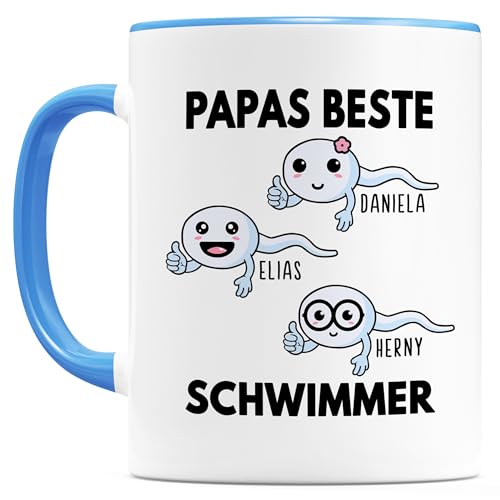 Papas beste Schwimmer Tasse personalisiert Kaffeetasse Vatertagsgeschenk Geschenk für Papa vom Kind Kaffeebecher Vater Geburtstagsgeschenk Vatertagstasse Keramiktasse 330ml (3 Kinder) von DEL MÀ Unique & Personal