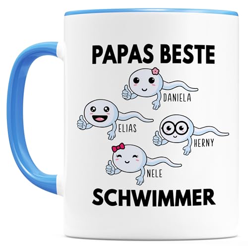 Papas beste Schwimmer Tasse personalisiert Kaffeetasse Vatertagsgeschenk Geschenk für Papa vom Kind Kaffeebecher Vater Geburtstagsgeschenk Vatertagstasse Keramiktasse 330ml (4 Kinder) von DEL MÀ Unique & Personal