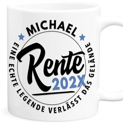 Rentner Tasse personalisiertes Renteneintritt Geschenk zur Rente Rentnerin Eine Legende verlässt das Gelände Abschiedsgeschenk Kollege Abschied Kollegin Kaffeetasse aus Keramik (Blau) von DEL MÀ Unique & Personal