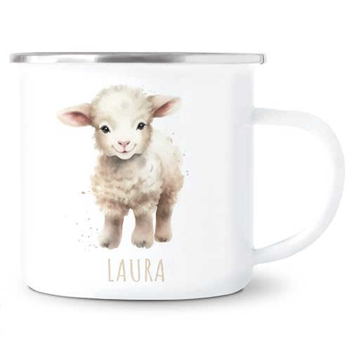 Schaf Emaille Tasse Kinder Trinkbecher personalisierte Kindertasse mit Namen süßer Kinderbecher für Mädchen & Jungen Geschenk Emaille Becher 300 ml (Schaf) von DEL MÀ Unique & Personal