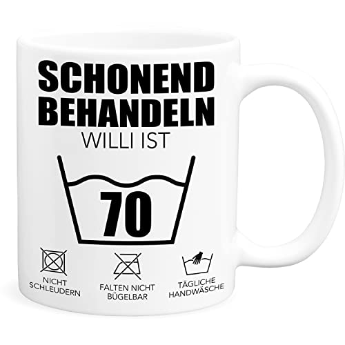 Schonend Behandeln 70 Tasse personalisiert mit Namen Spruch runder Geburtstag Geschenk für Männer & Frauen Geburtstagsgeschenk Kaffeetasse 70 Jahre von DEL MÀ Unique & Personal