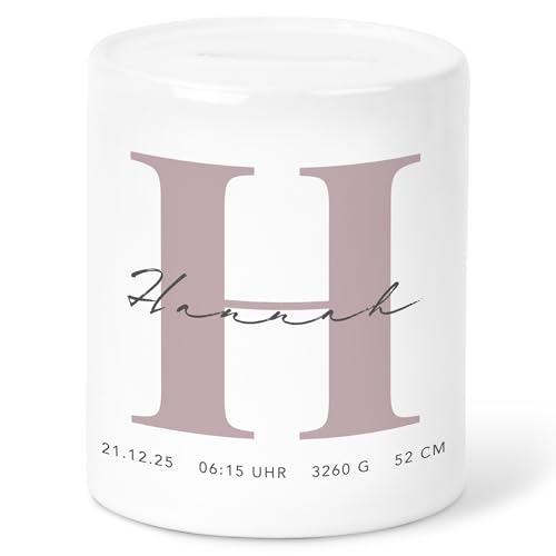 Spardose Baby personalisiert mit Namen & Buchstaben für Jungen & Mädchen Geschenk zur Geburt Geldgeschenk Babygeschenk Sparkasse Sparbox Sparschwein aus Keramik (Rosa) von DEL MÀ Unique & Personal