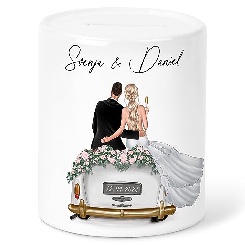 Spardose Hochzeit personalisiertes Geldgeschenk Sparschwein mit Hochzeitsauto & Brautpaar Hochzeitsgeschenk Geld Sparbüchse aus Keramik von DEL MÀ Unique & Personal