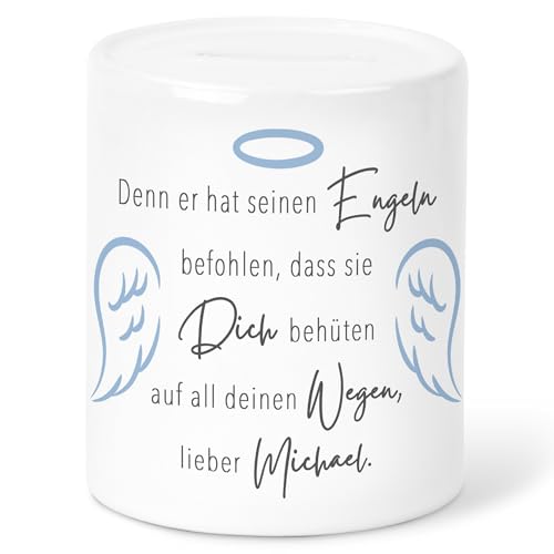 Spardose Taufe Geldgeschenk Verpackung personalisiert Taufgeschenk für Jungen Sparkasse Sparbüchse Sparbox Sparschwein aus Keramik (Blau) von DEL MÀ Unique & Personal