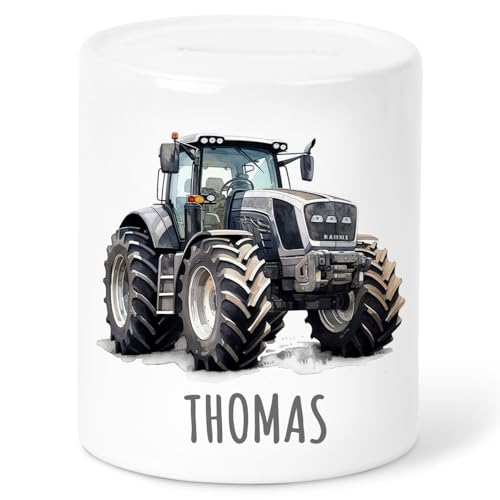 Spardose Traktor für Kinder Jungen personalisiert mit Namen Geschenk Kindersparkasse Sparschwein Geldgeschenk Verpackung Sparbox aus Keramik (Grau) von DEL MÀ Unique & Personal