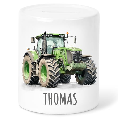 Spardose Traktor für Kinder Jungen personalisiert mit Namen Geschenk Kindersparkasse Sparschwein Geldgeschenk Verpackung Sparbox aus Keramik (Grün) von DEL MÀ Unique & Personal