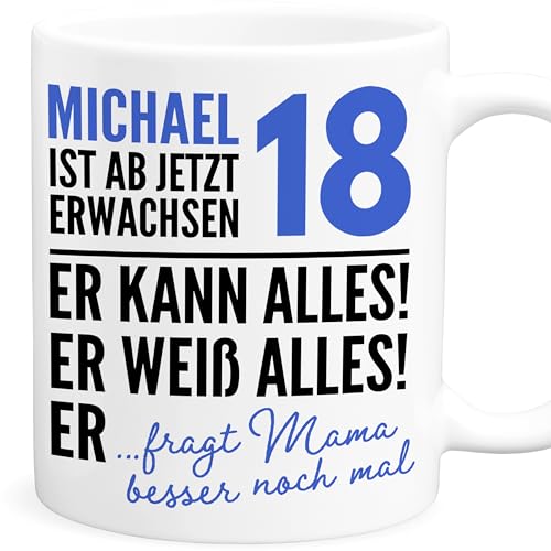 Tasse 18. Geburtstag Junge Geschenk personalisiert lustige Geschenkidee Männer Geburtstagsgeschenk Kaffeetasse mit Namen aus Keramik (Blau) von DEL MÀ Unique & Personal