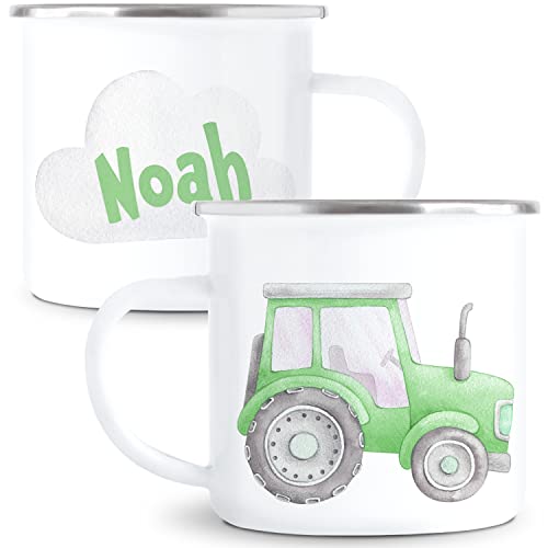 Trecker Tasse mit Namen Traktor Kindertasse Personalisiert für Jungen Kindergarten Kinder Becher aus Emaille Grün von DEL MÀ Unique & Personal
