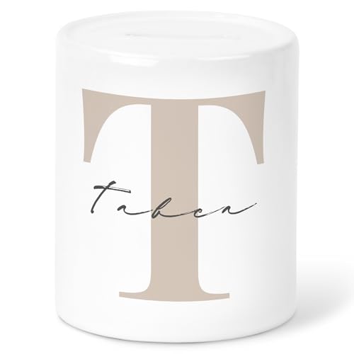 Trinkgeldkasse Kaffeekasse personalisiert Trinkeld Spardose mit Buchstaben & Namen Sparkasse Sparbüchse Sparbox Spendenkasse Sparschwein aus Keramik (Beige) von DEL MÀ Unique & Personal